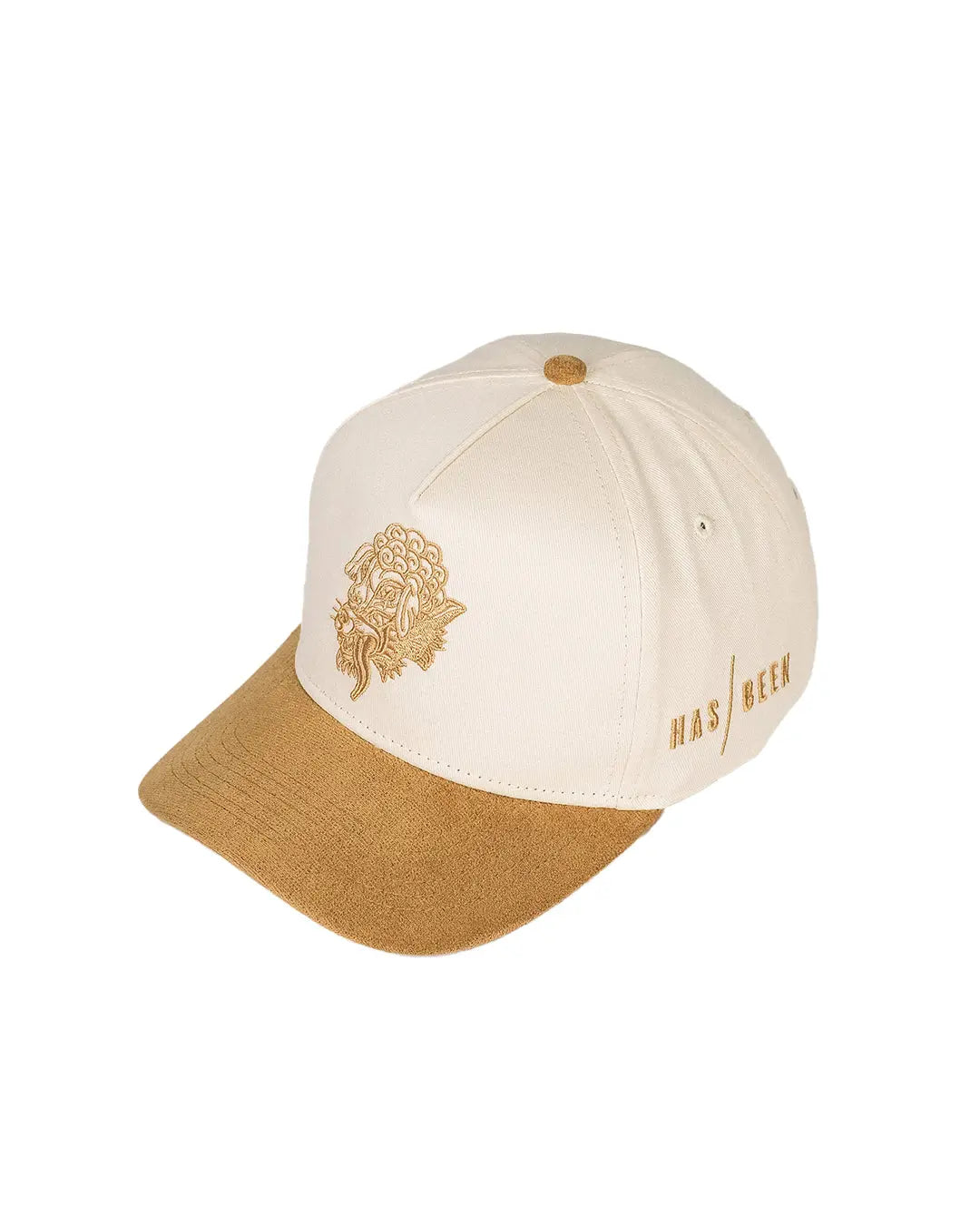 HAS/BEEN off record 5 panel cap ivory crown tan suede brim embroidered streetwear hat