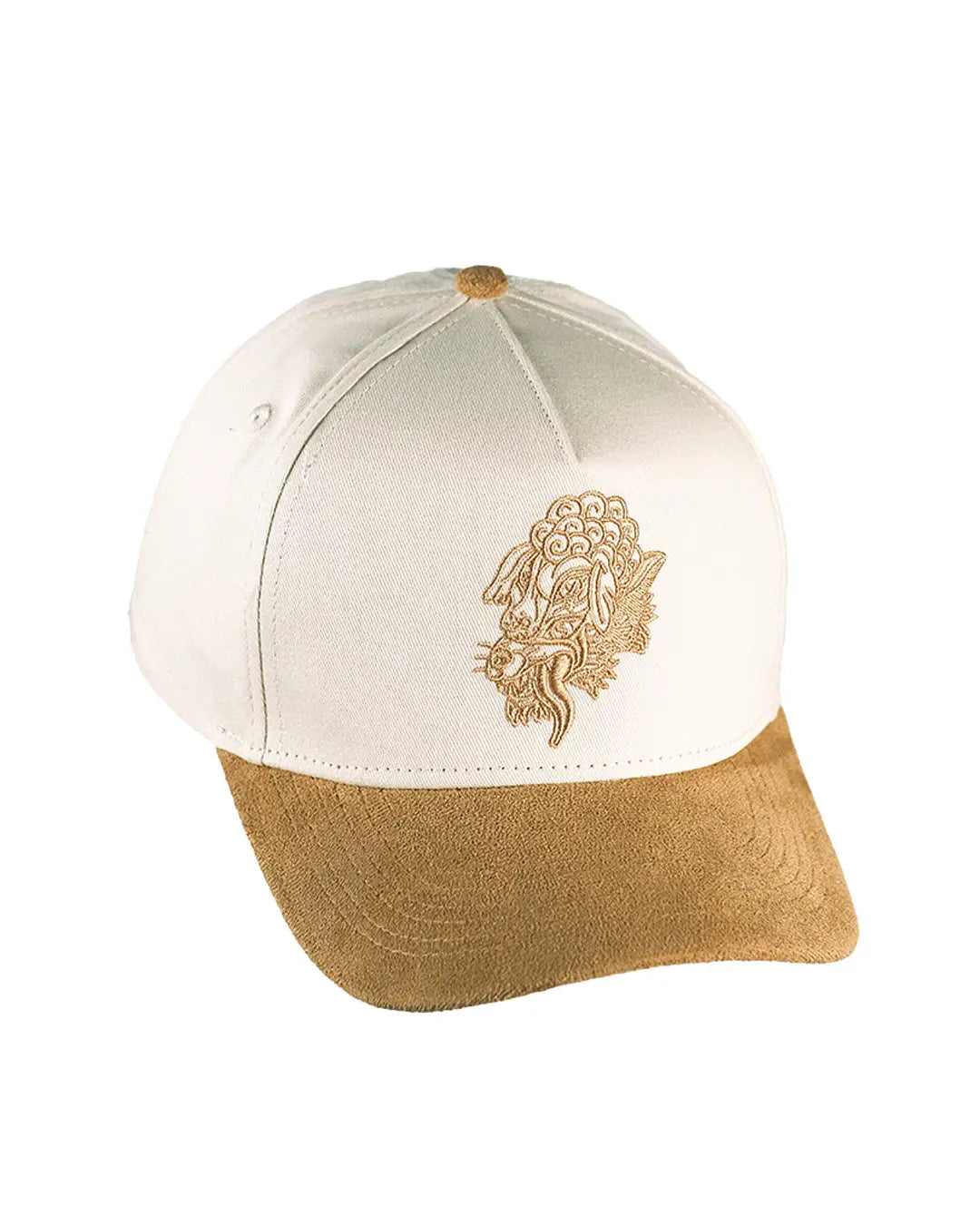 off record 5 panel cap ivory crown tan suede brim angled front view embroidered logo