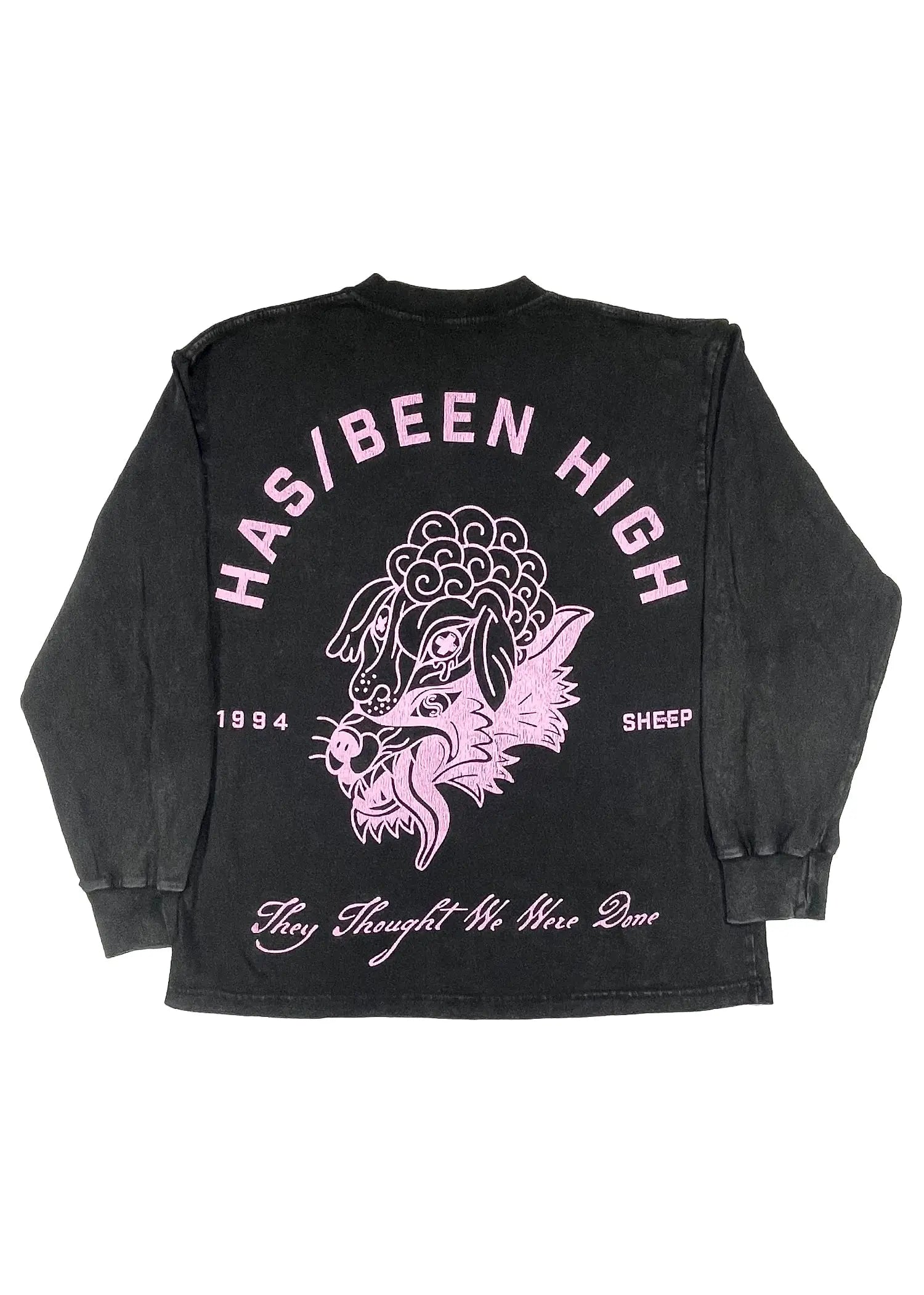 black vintage wash oversized long sleeve tee back graphic print wolf in sheep design streetwear