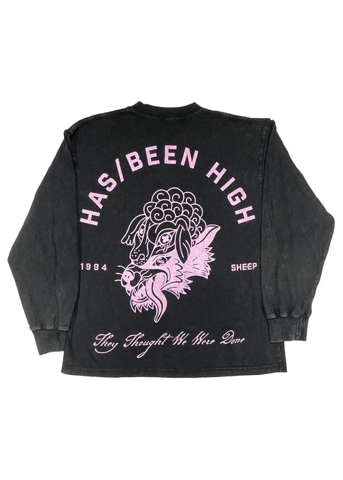 black vintage wash oversized long sleeve tee back graphic print wolf in sheep design streetwear
