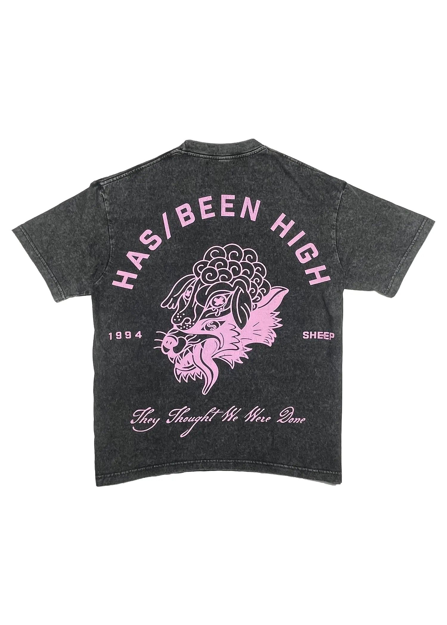 HAS/BEEN HIGH 1994 oversized graphic tee black vintage wash back print wolf in sheep design