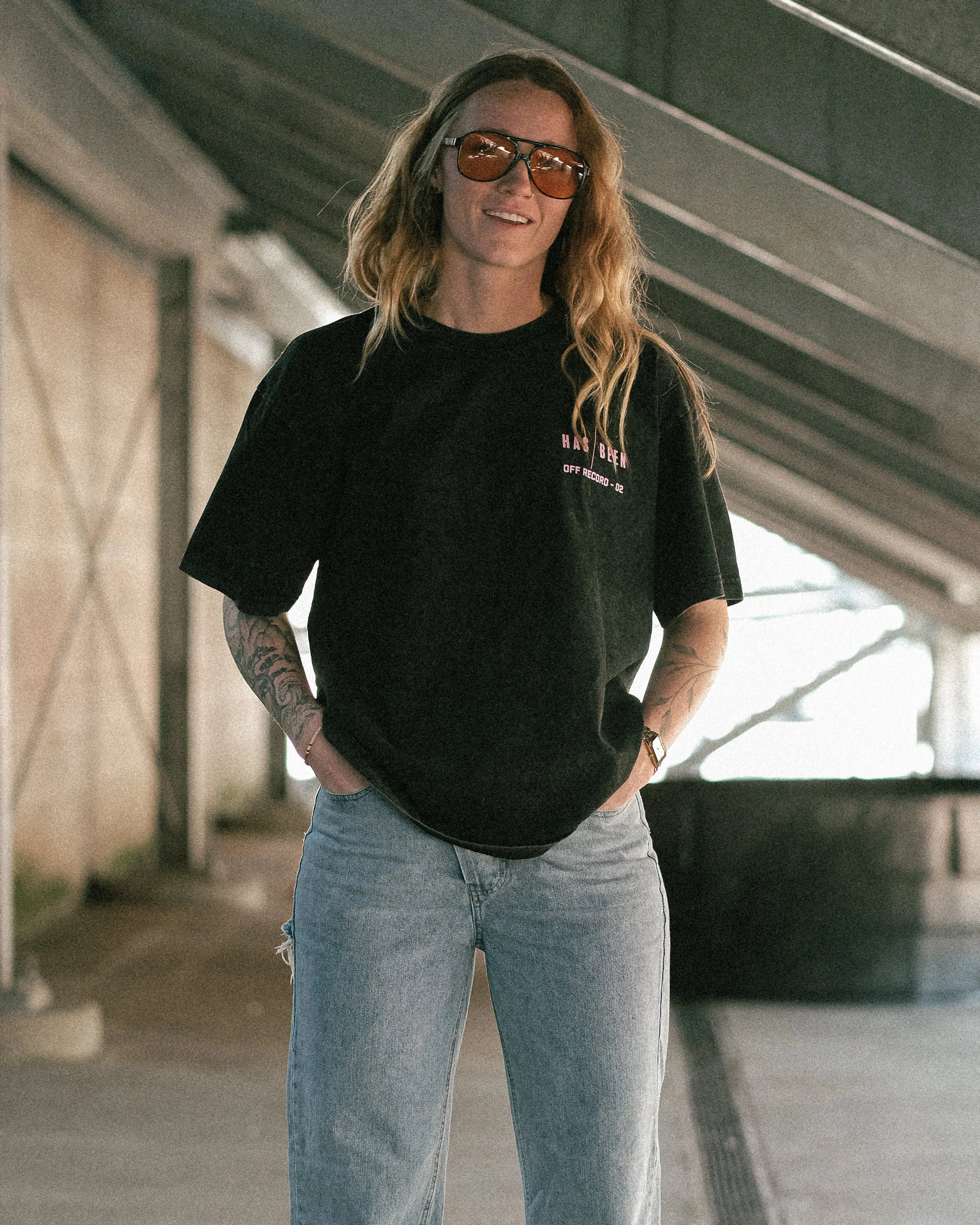 HAS/BEEN HIGH oversized graphic tee black vintage wash on model front view casual streetwear outfit