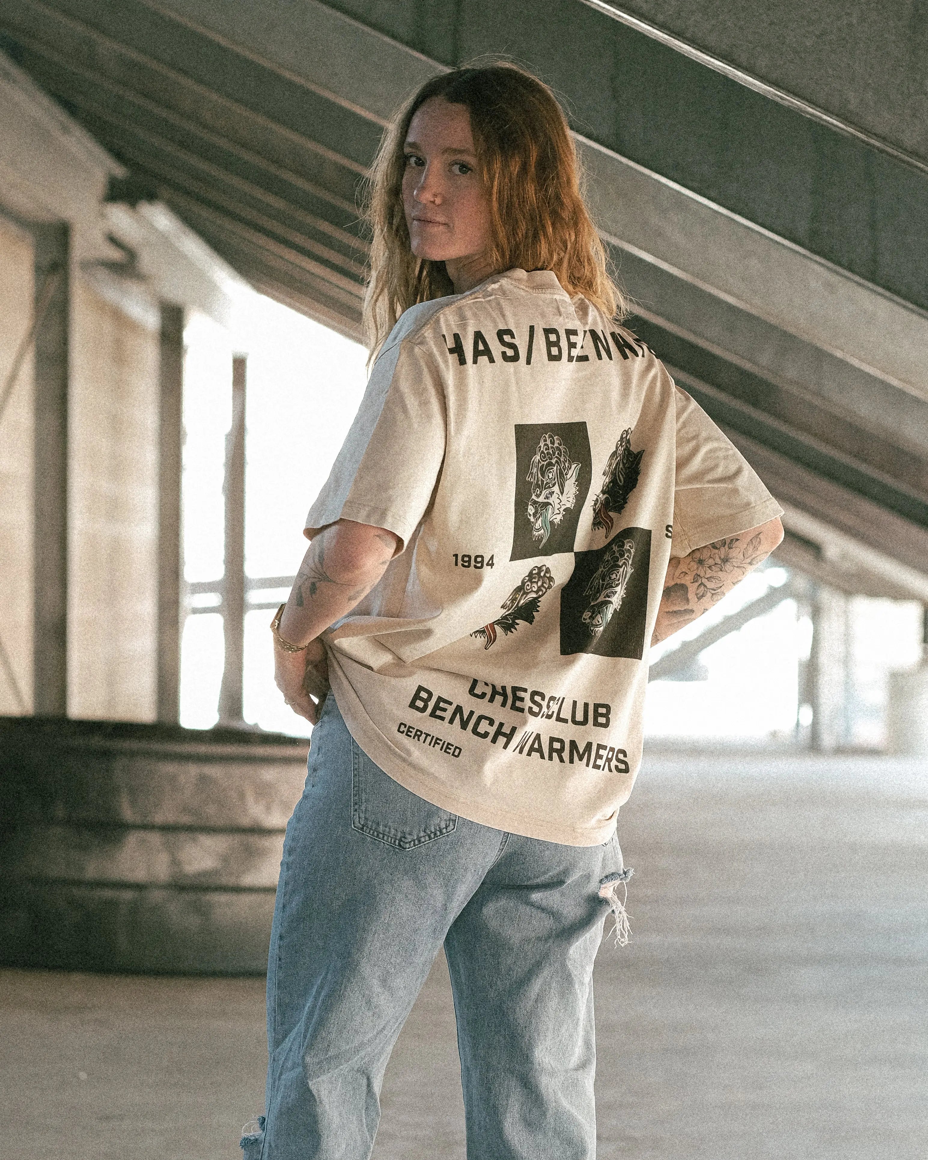 HAS/BEEN HIGH chess club oversized heavyweight tee beige back graphic on female model streetwear fit