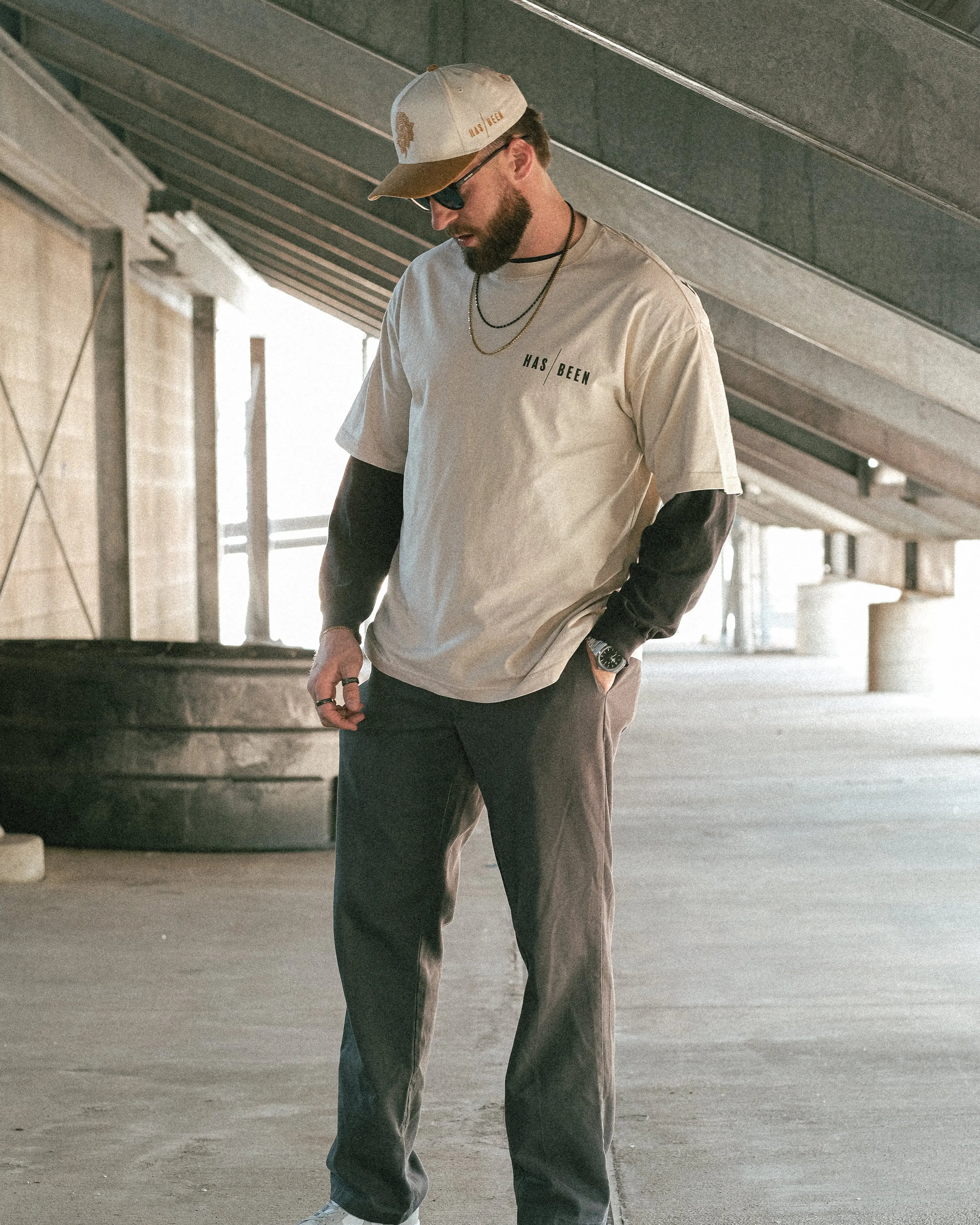 HAS/BEEN HIGH chess club oversized heavyweight tee front print on male model streetwear outfit