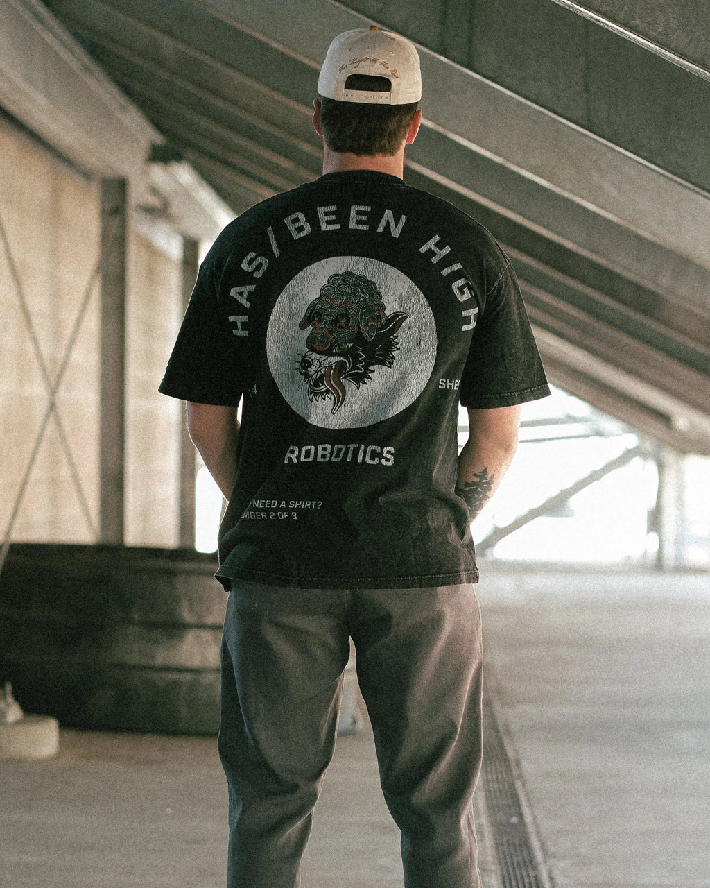 HAS/BEEN HIGH robotics club oversized heavyweight tee black vintage wash back view male model centered