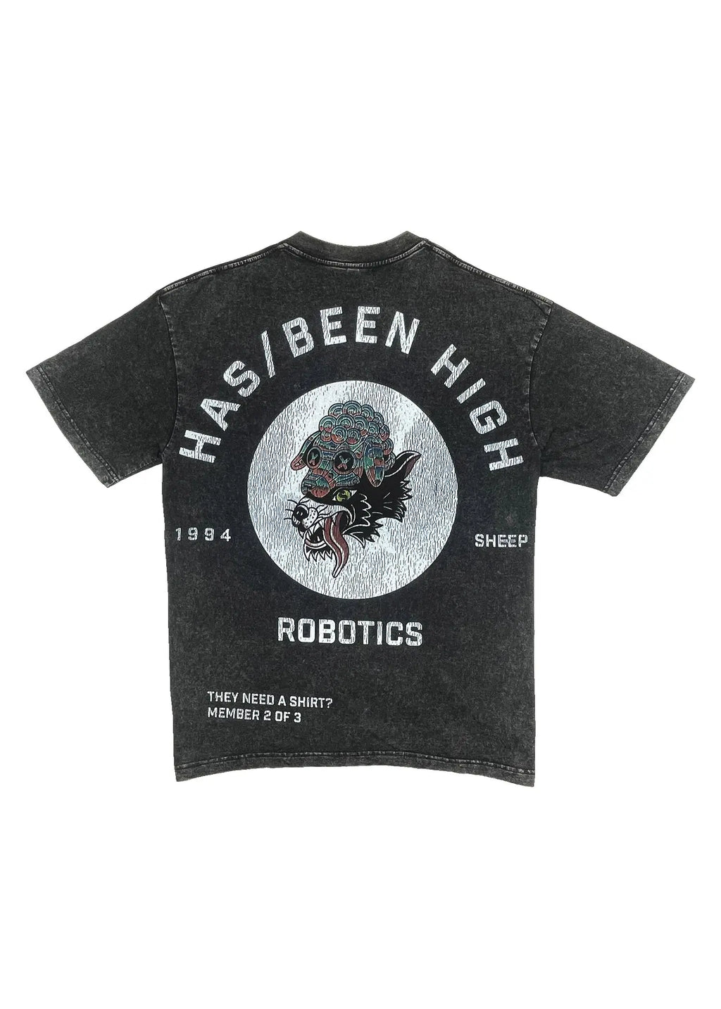 HAS/BEEN HIGH robotics club oversized heavyweight tee black vintage wash back graphic
