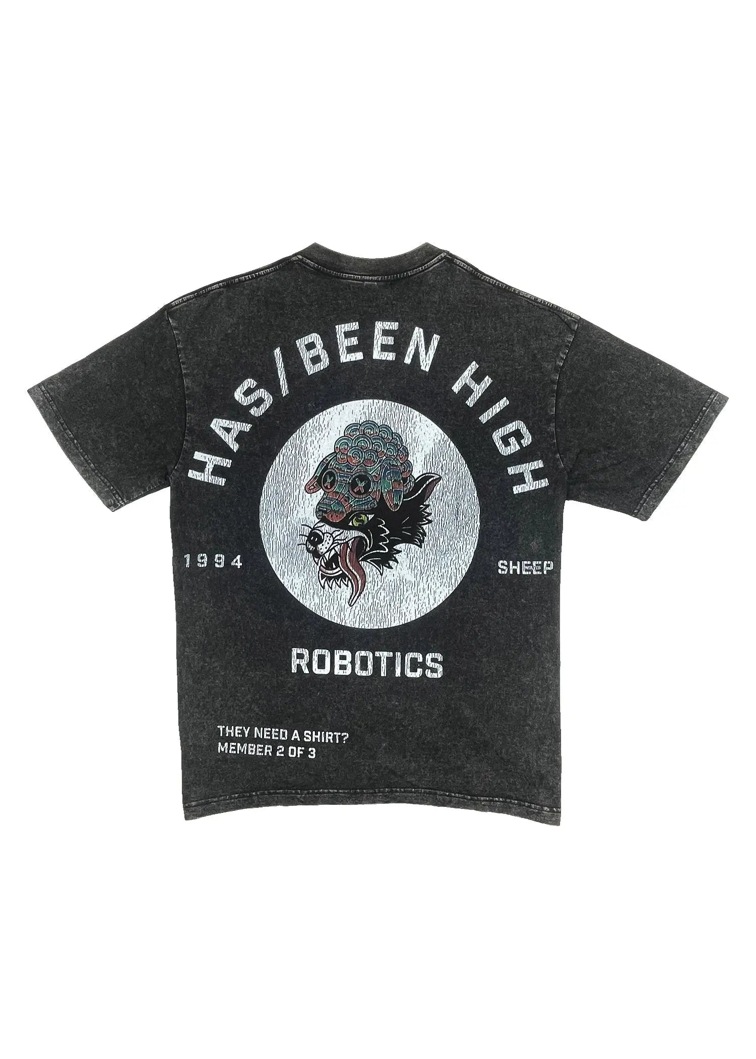 HAS/BEEN HIGH robotics club oversized heavyweight tee black vintage wash back graphic