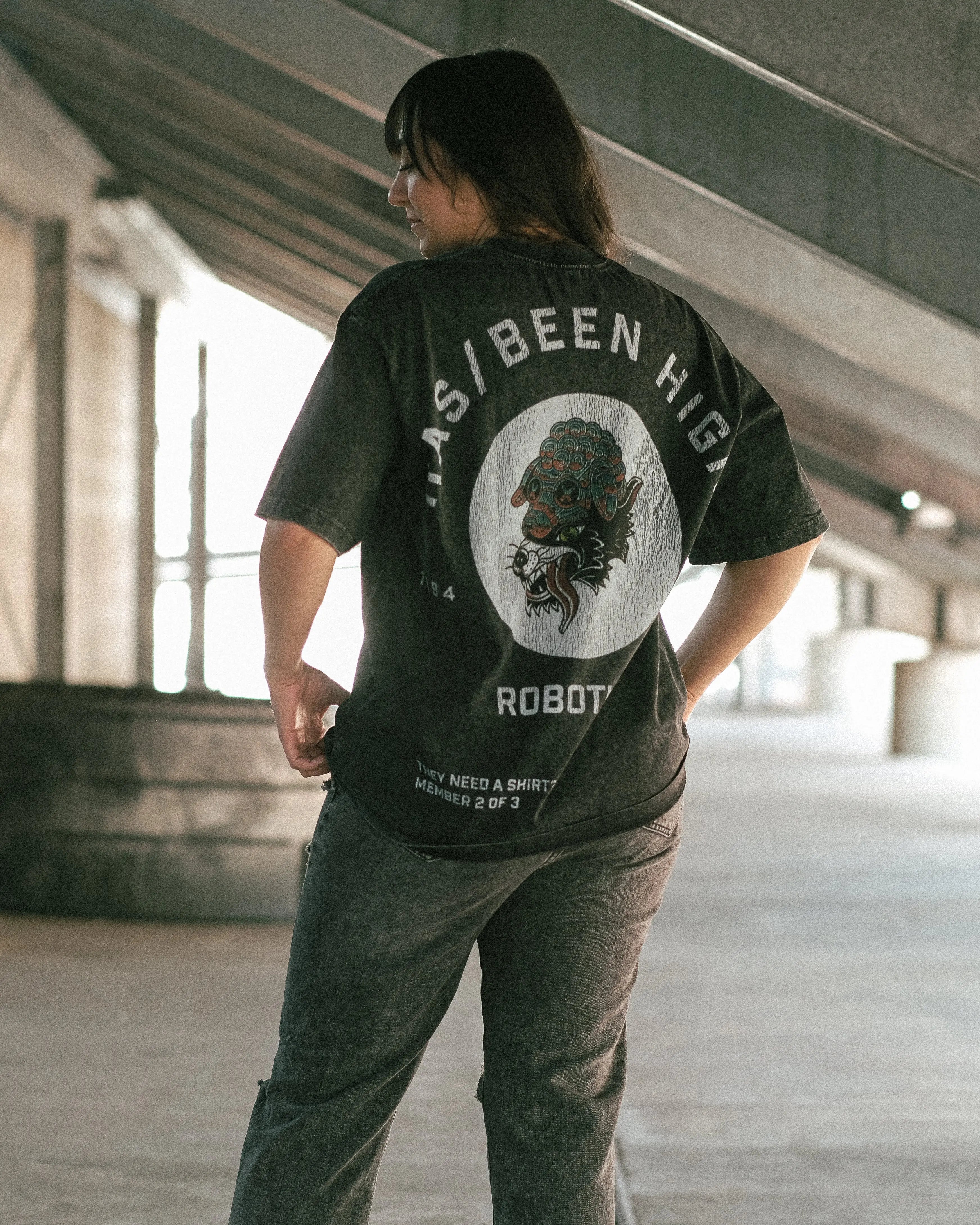 HAS/BEEN HIGH robotics club oversized heavyweight tee black vintage wash back lifestyle angled female model