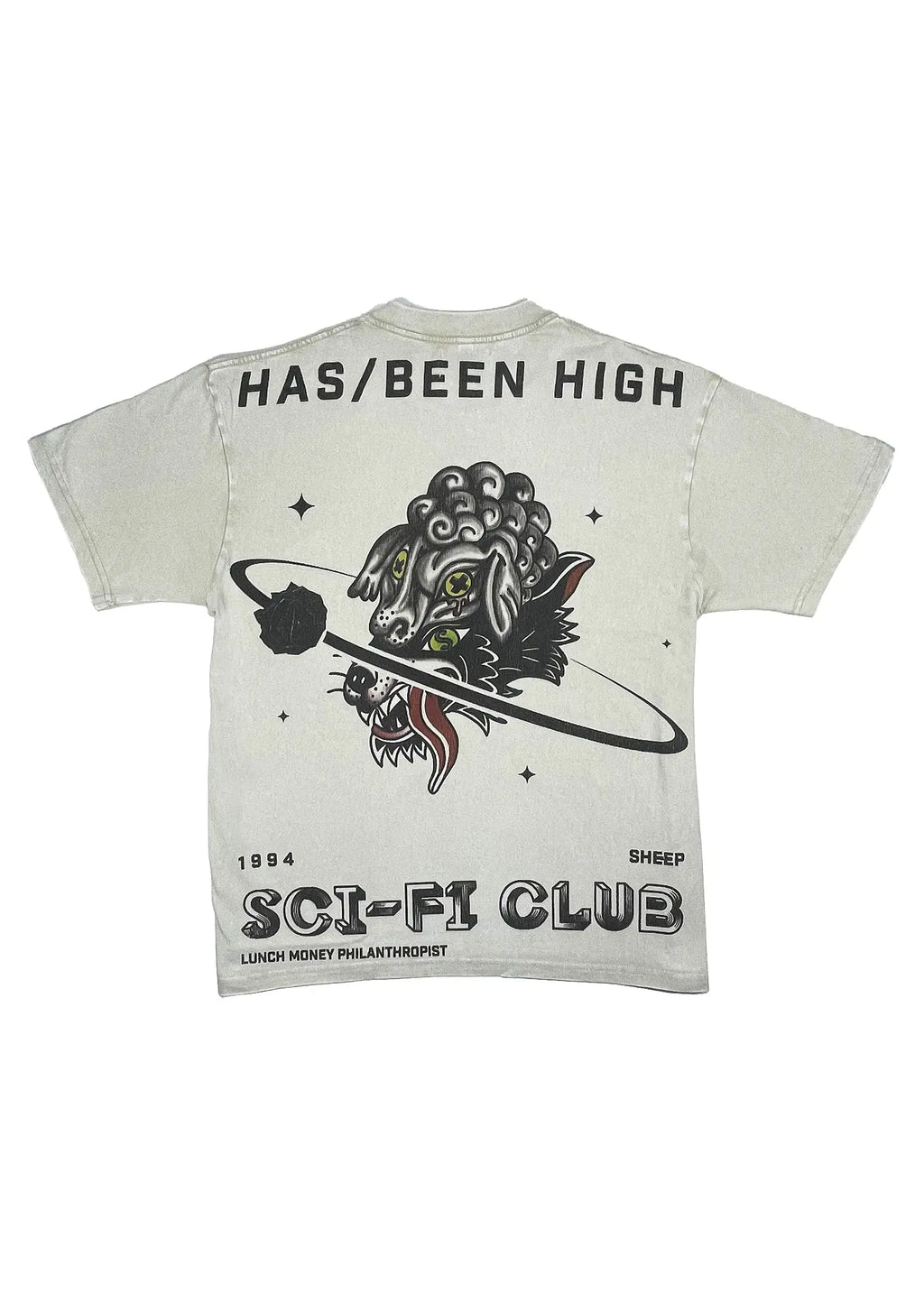 HAS/BEEN HIGH sci fi club oversized heavyweight tee beige back graphic wolf design streetwear
