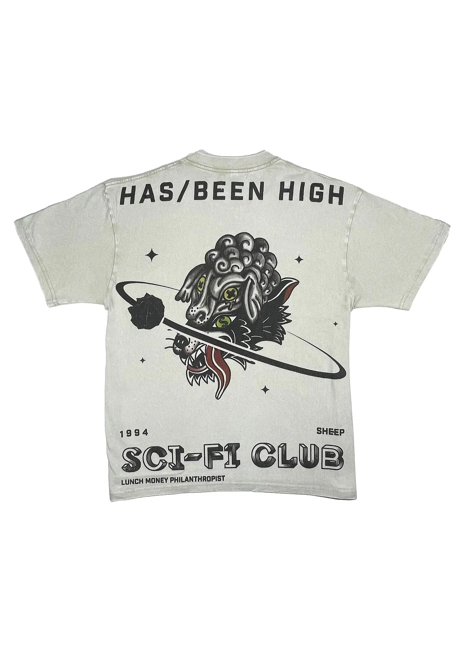 HAS/BEEN HIGH sci fi club oversized heavyweight tee beige back graphic wolf design streetwear
