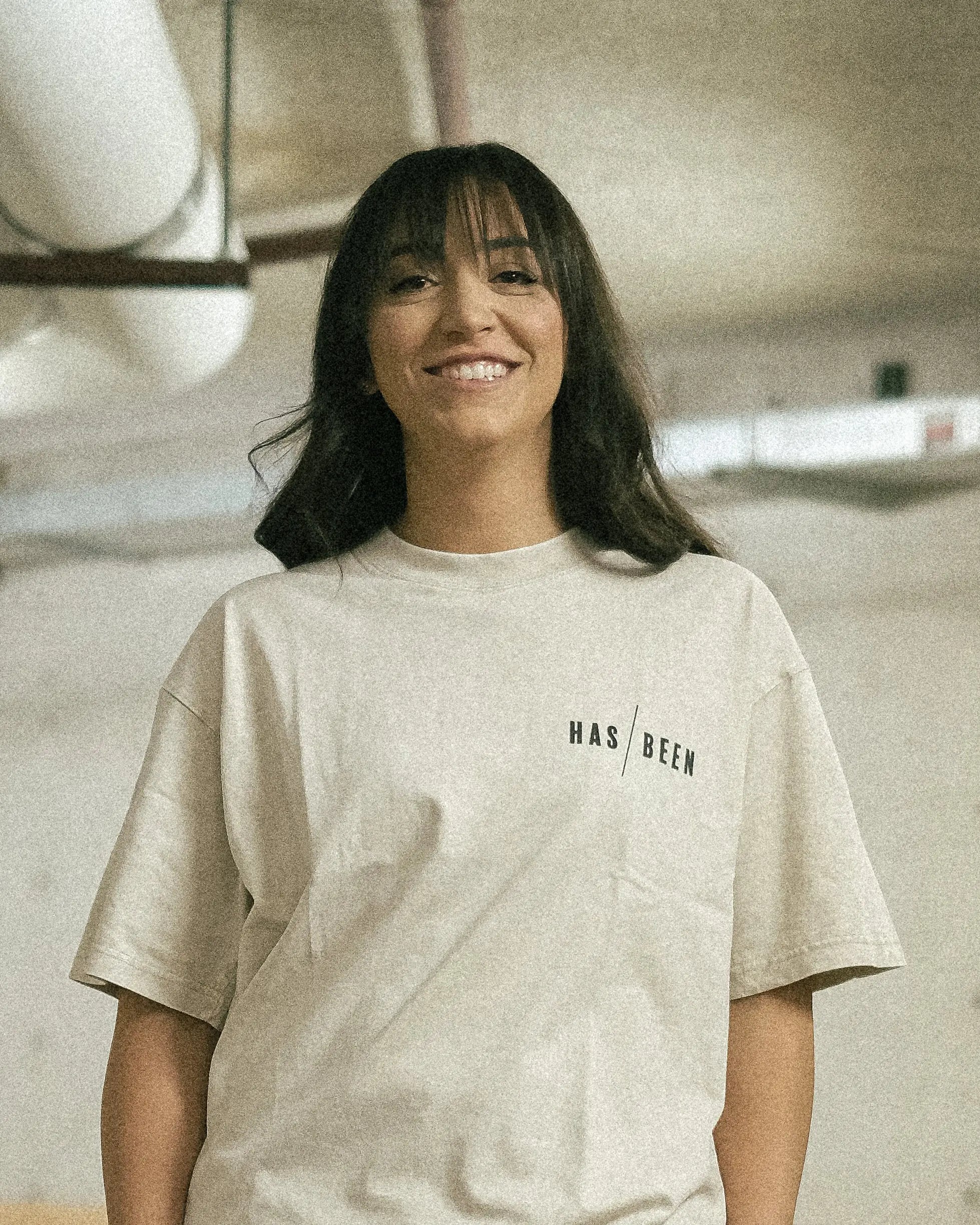 HAS/BEEN HIGH sci fi club oversized heavyweight tee beige front on female model minimal streetwear
