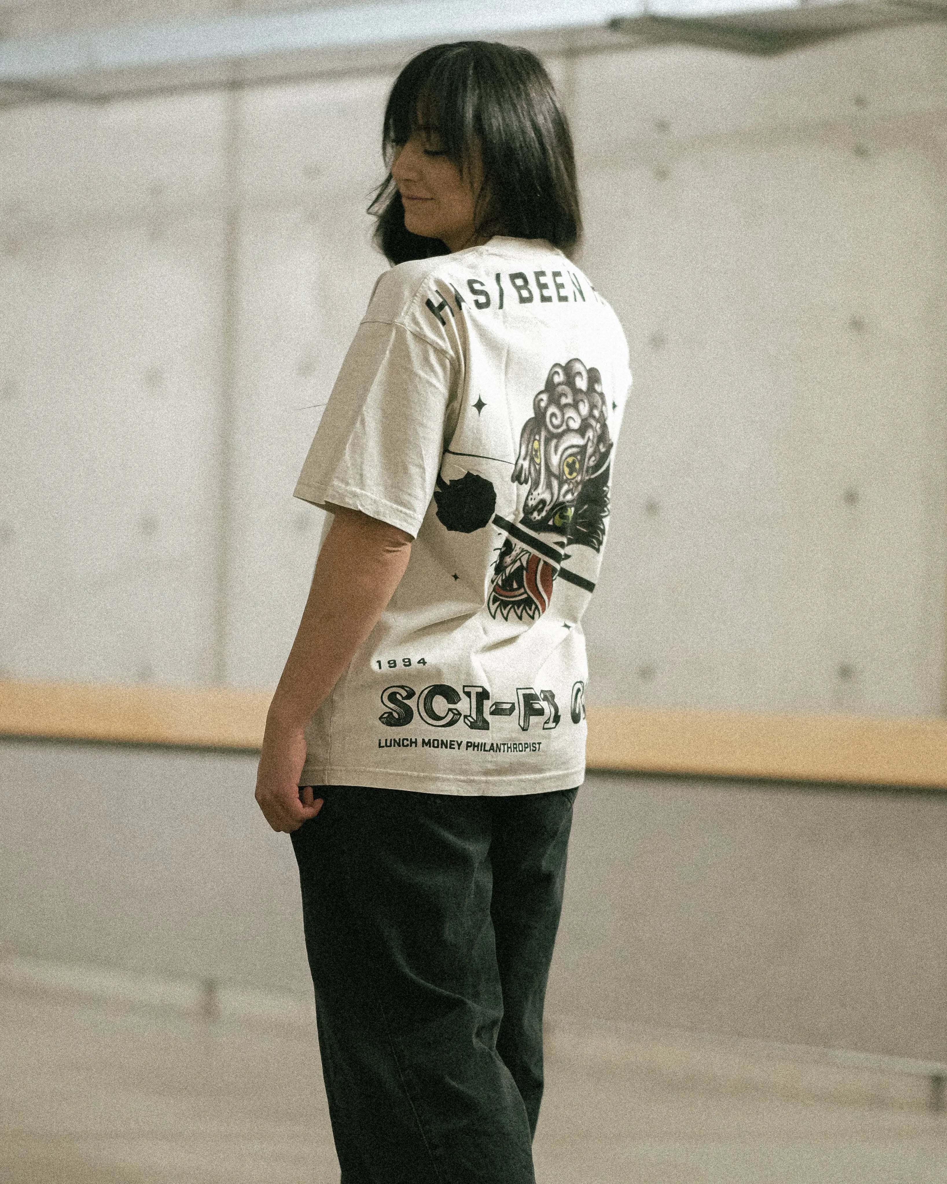 HAS/BEEN HIGH sci fi club oversized heavyweight tee beige angled back graphic on female model streetwear