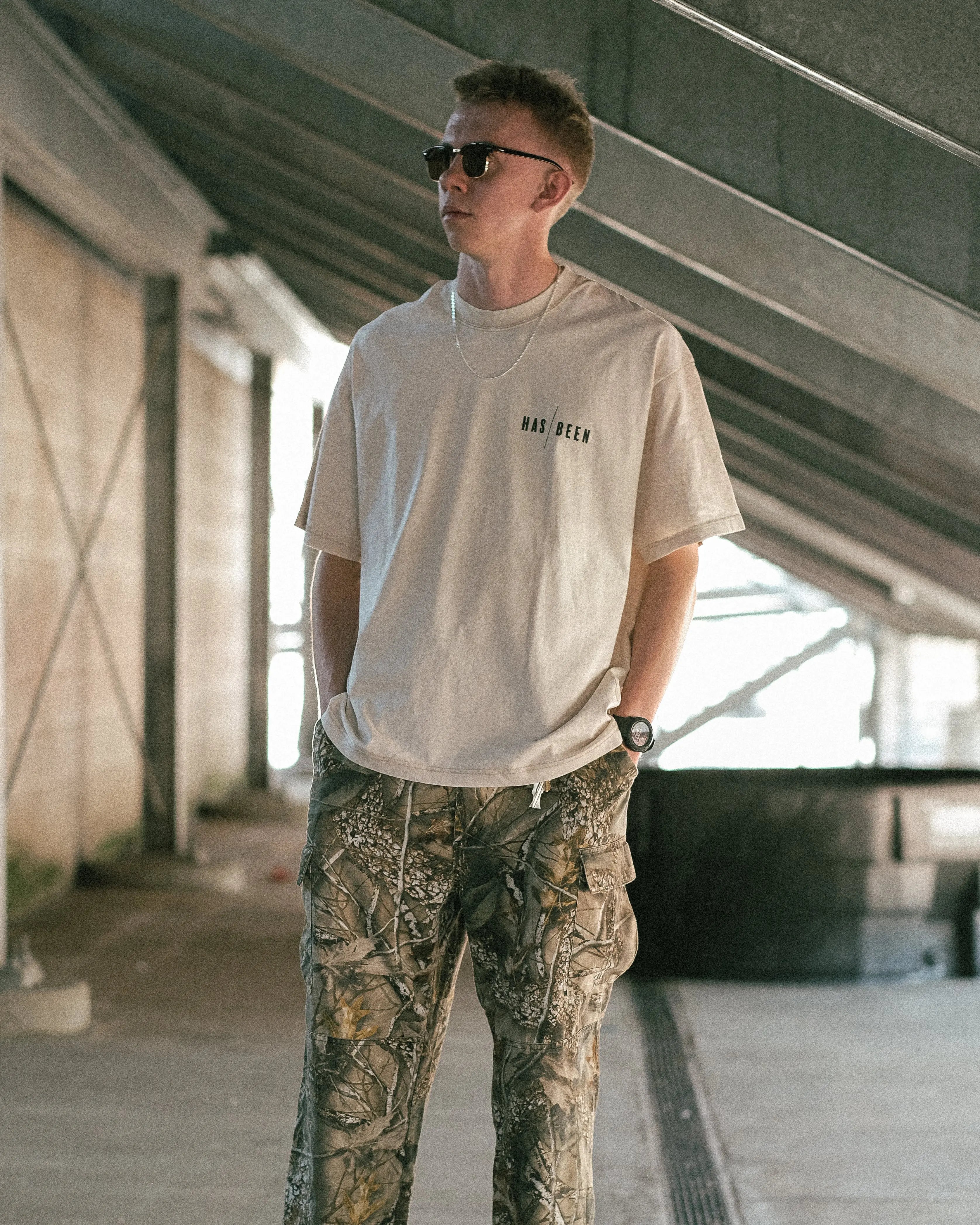 HAS/BEEN HIGH sci fi club oversized heavyweight tee beige front on male model minimal streetwear fit