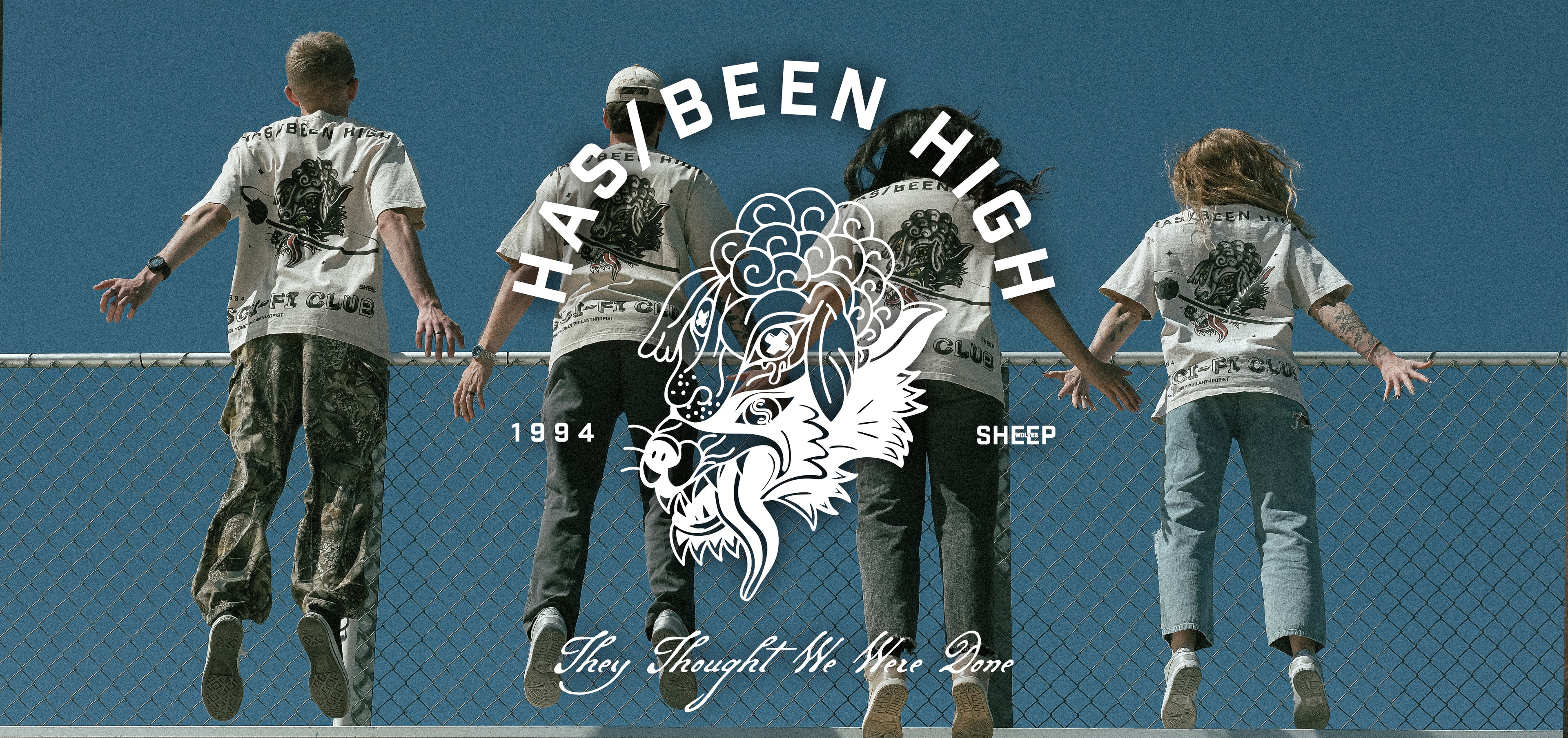 HAS/BEEN HIGH streetwear collection banner graphic tees worn by models outdoor lifestyle campaign image