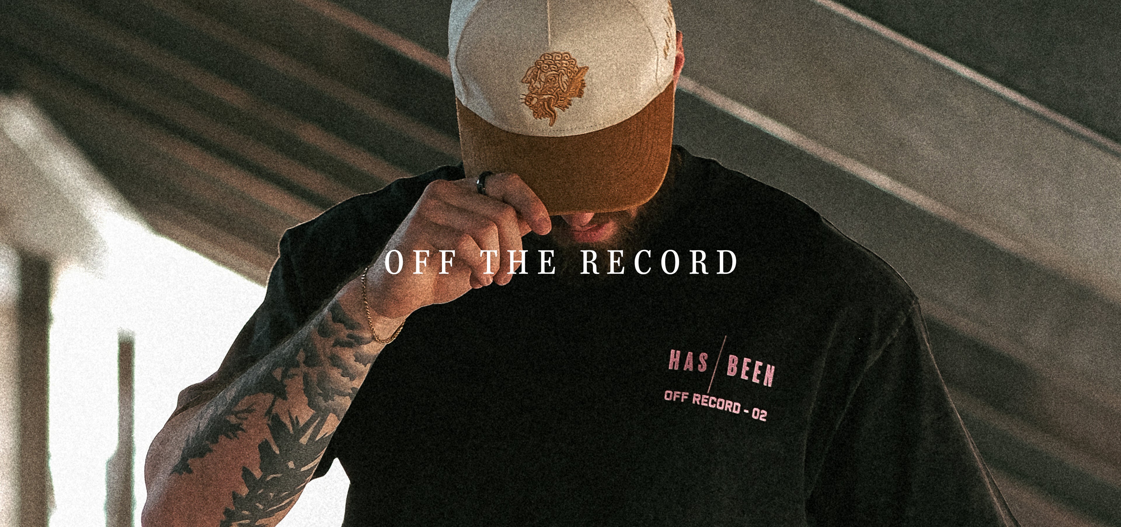 HAS/BEEN OFF THE RECORD streetwear collection banner vintage streetwear worn by model limited drop lifestyle image